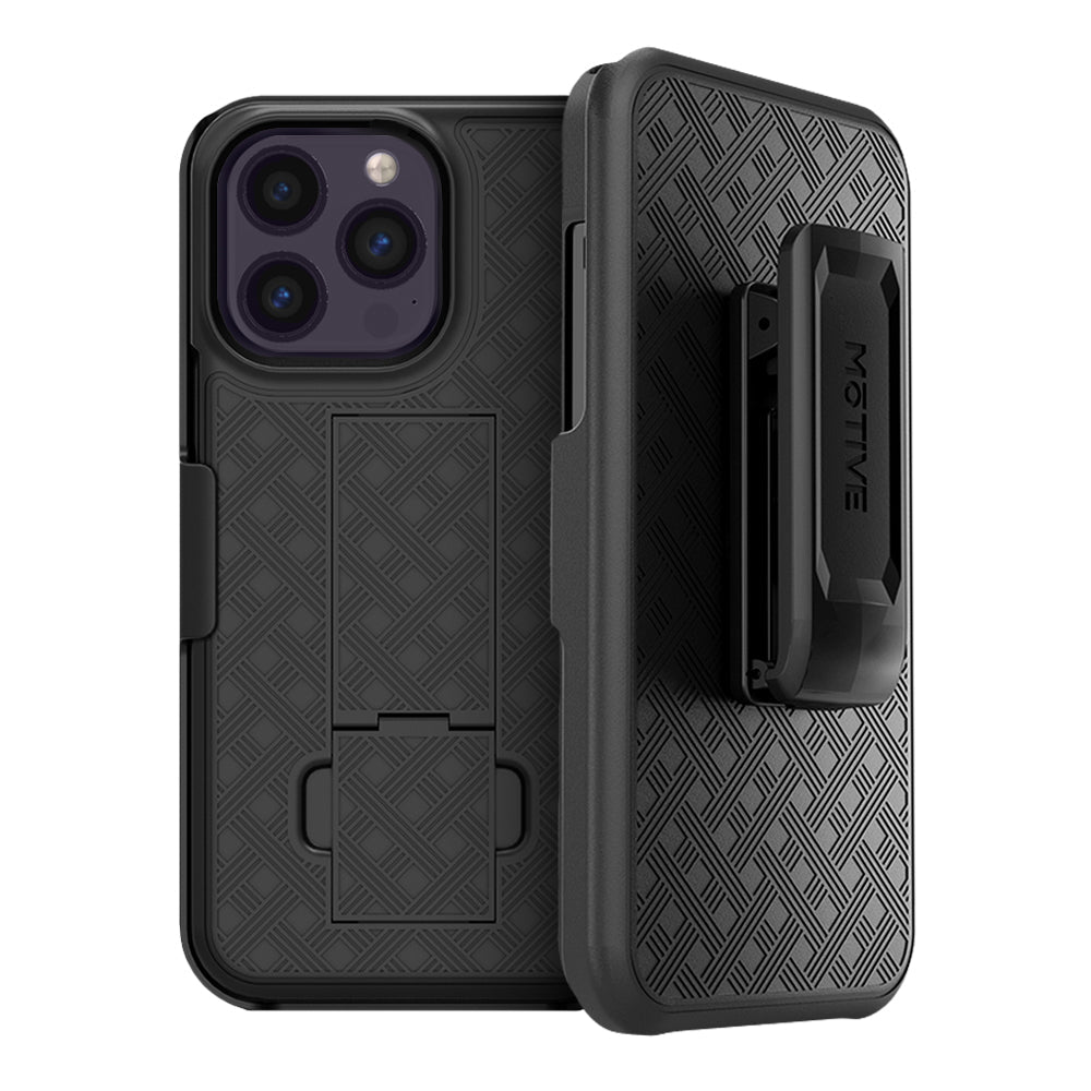 iPhone 14 Pro Max holster case with belt clip and kickstand, rugged protection, black design.