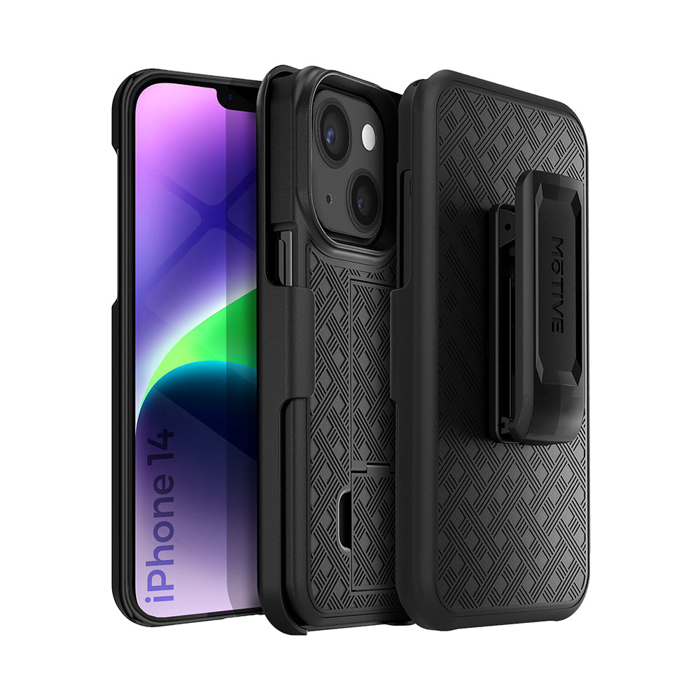 iPhone 14 holster case with belt clip and kickstand for rugged protection.