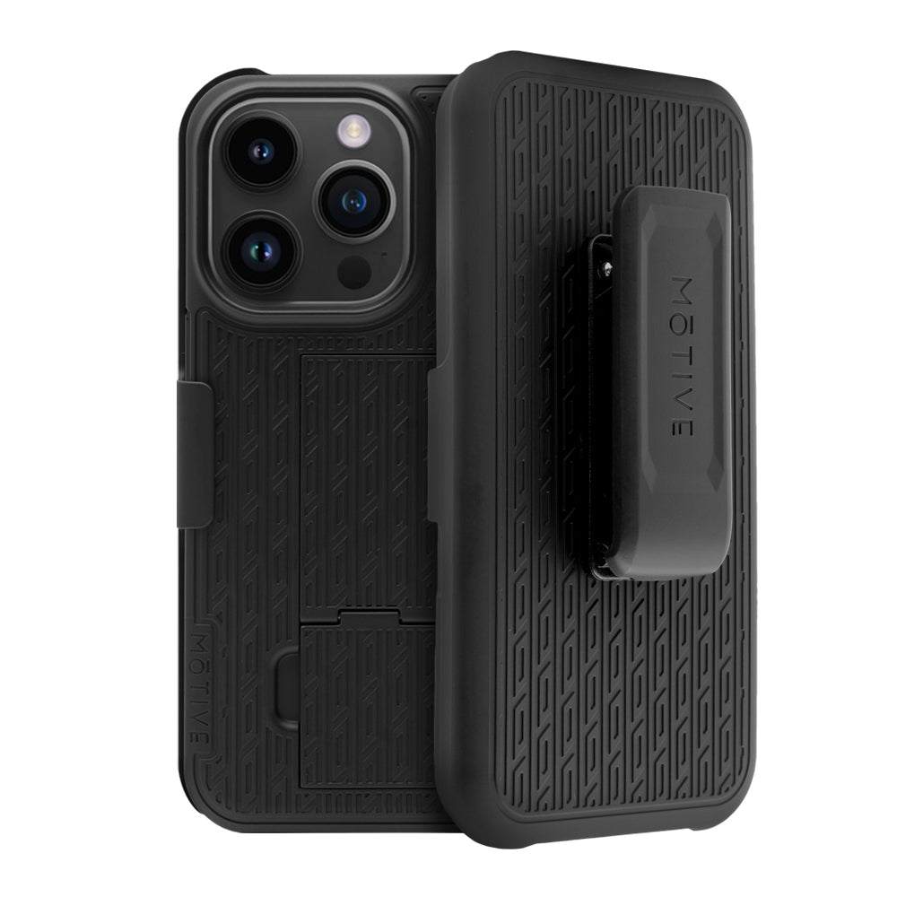 iPhone 15 Pro durable case with belt clip, built-in kickstand, and card slot.