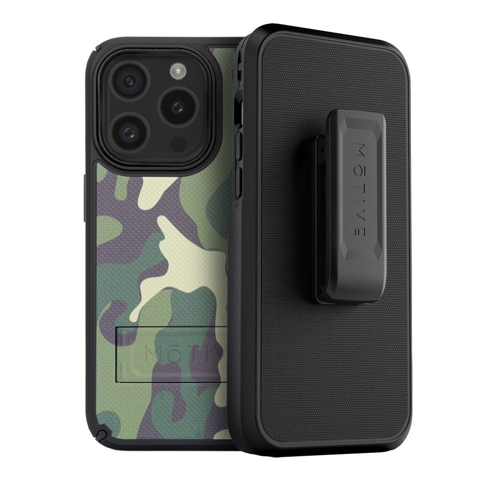 iphone 15 pro max case kickstand with camouflage design, kickstand, belt clip holster, and rugged protection.