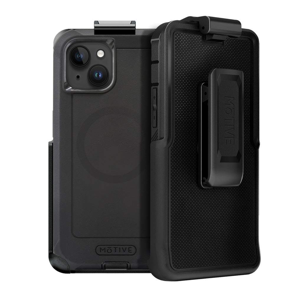 Heavy duty iPhone 15 Plus holster case with belt clip and kickstand.