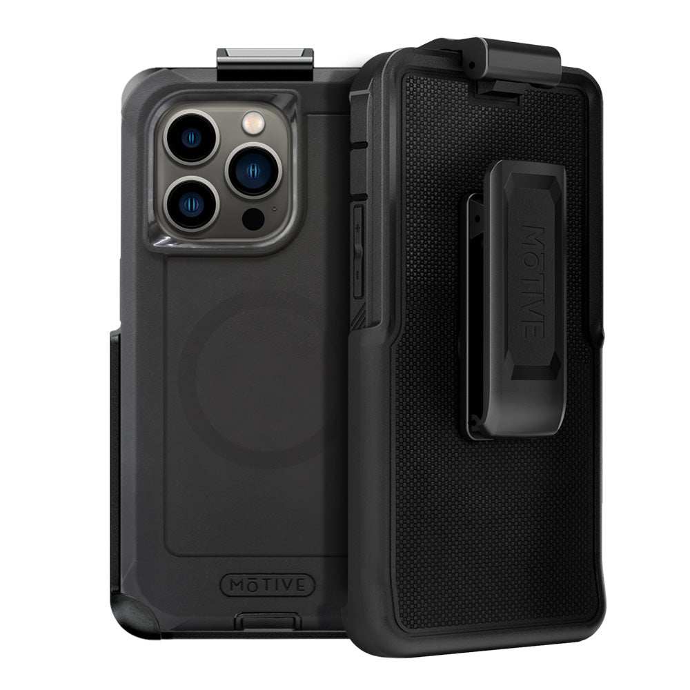 iPhone 15 Pro heavy duty case with holster and kickstand, black rugged design, military-grade shockproof protection.