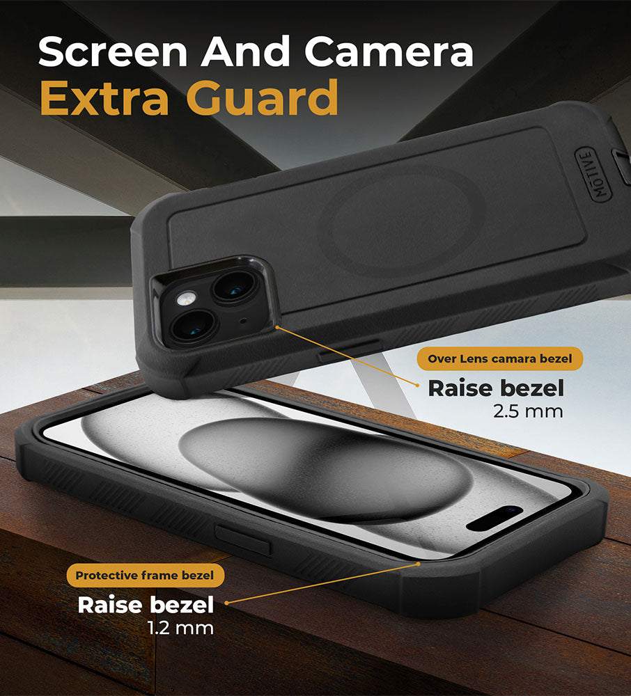Heavy duty iPhone 15 Plus holster with belt clip, raised protective bezels for screen and camera.