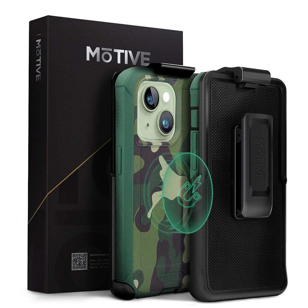 Heavy duty iPhone 15 Plus holster case with belt clip, military-grade shockproof protection, and built-in kickstand.
