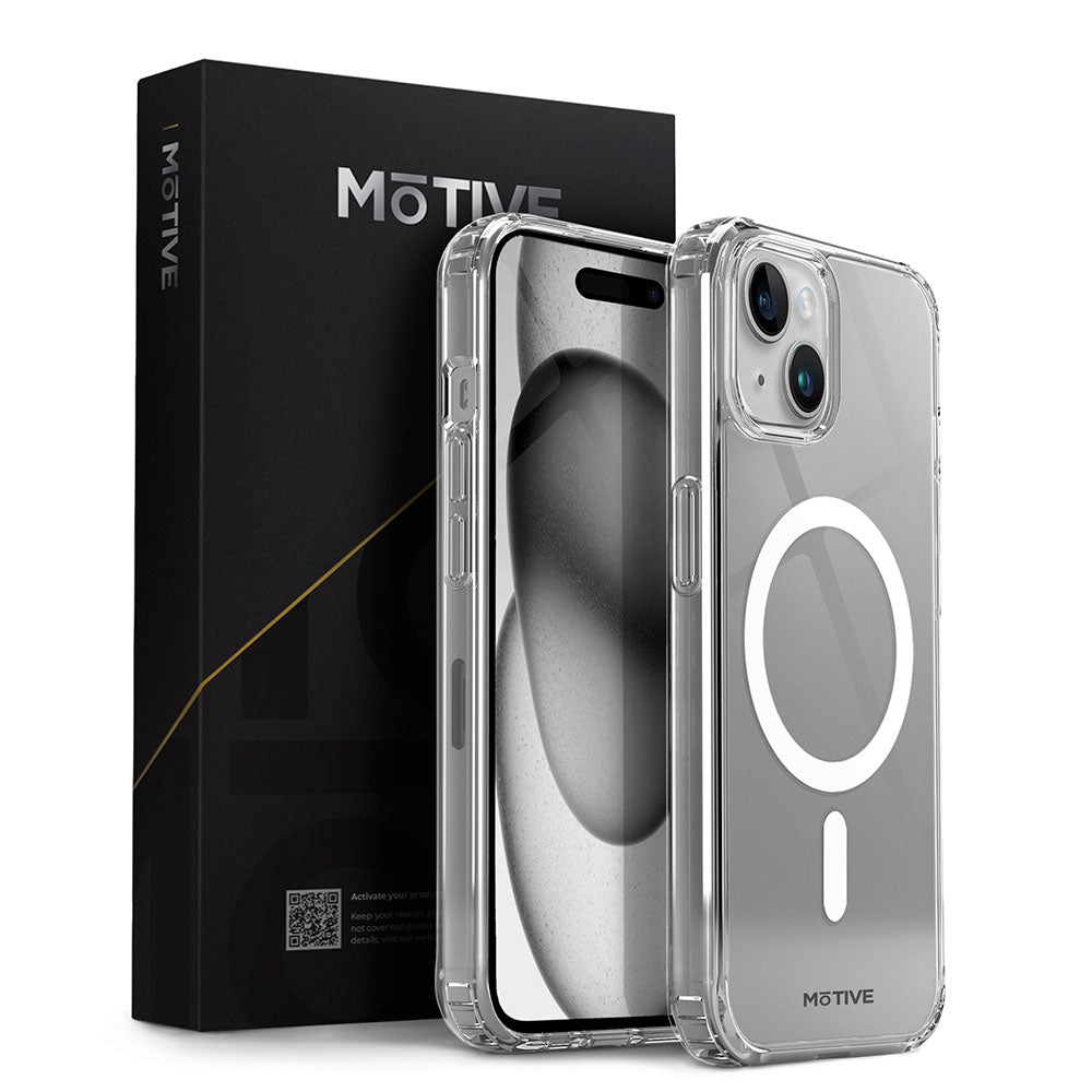 Clear iPhone 15 Plus case by MOTIVE, shockproof, MagSafe compatible, non-yellowing, military-grade protection.