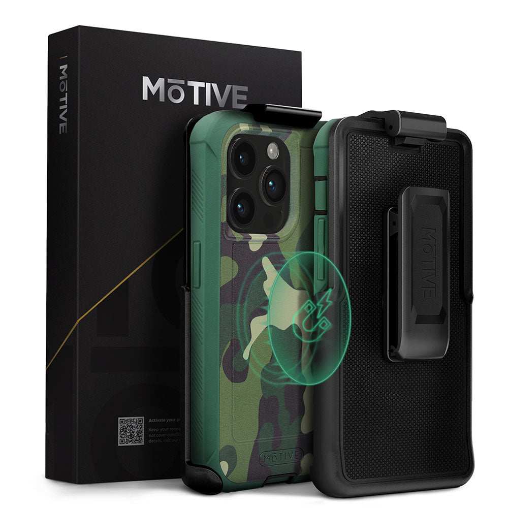 iPhone 15 Pro Max heavy duty case with belt clip and kickstand, camo design.