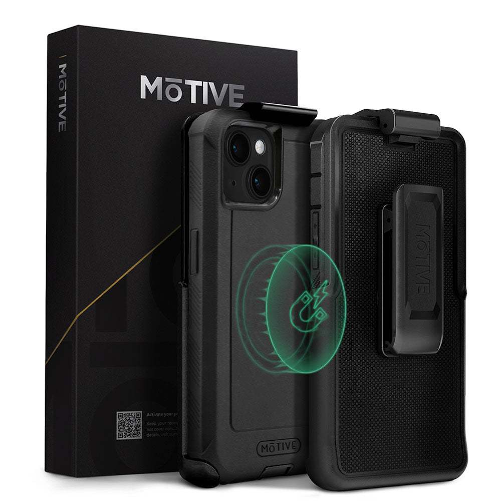 iPhone 15 Plus heavy-duty holster case with belt clip and kickstand.