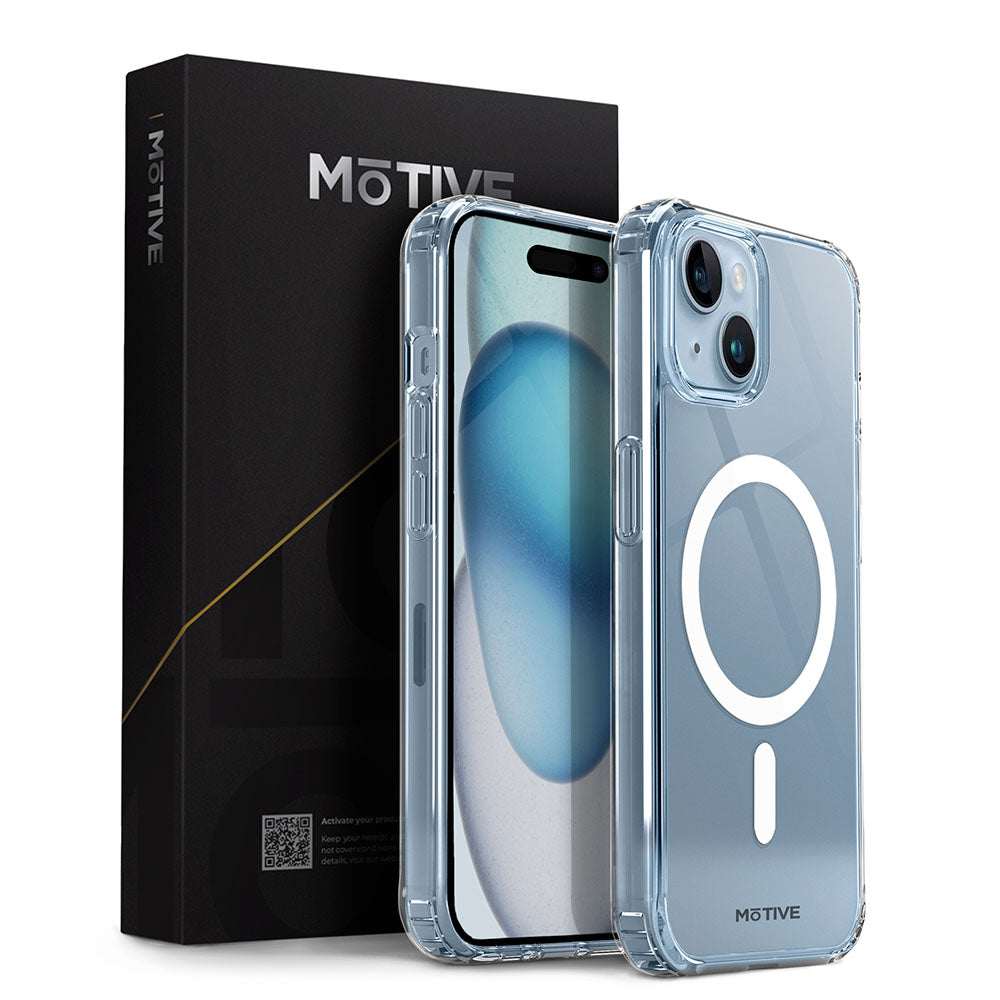 Clear shockproof case for iPhone 15 with never-yellowing protection and wireless charging compatibility.