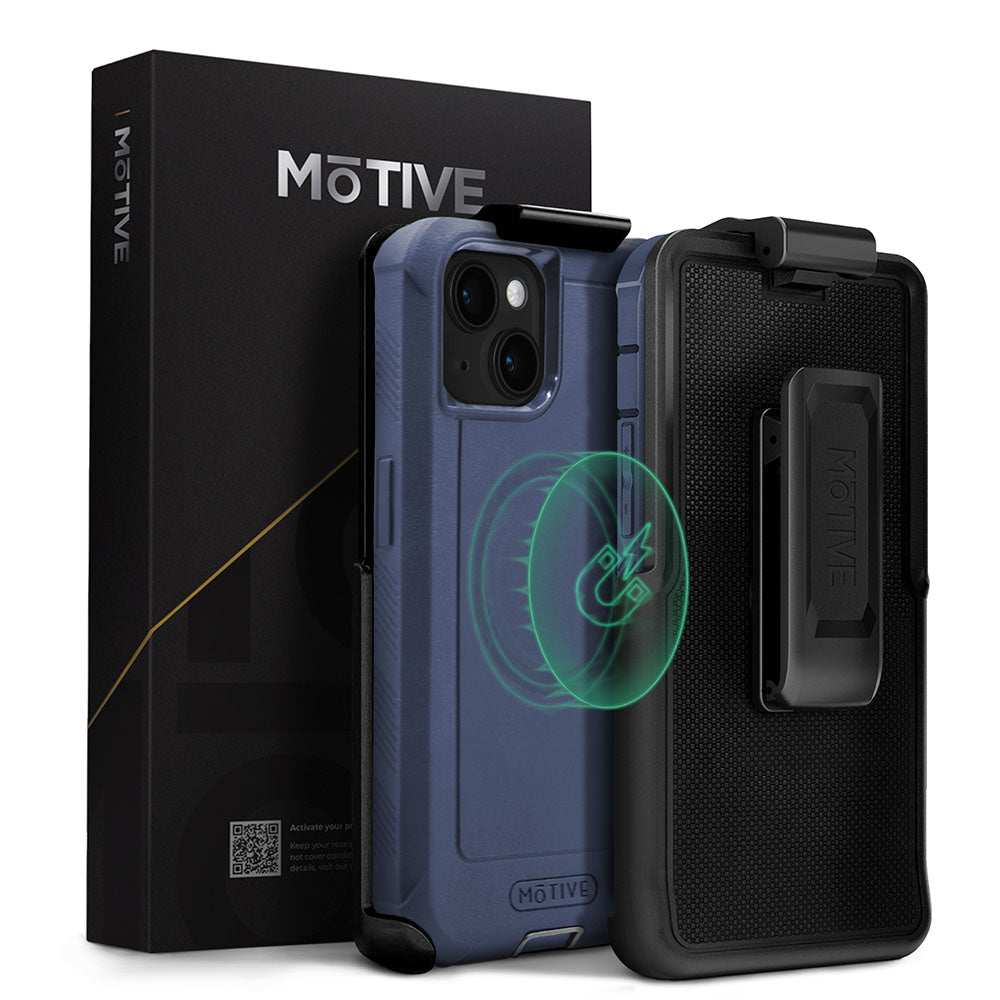 Heavy-duty iPhone 15 case with belt clip and holster, rugged protection, wireless charging compatible.