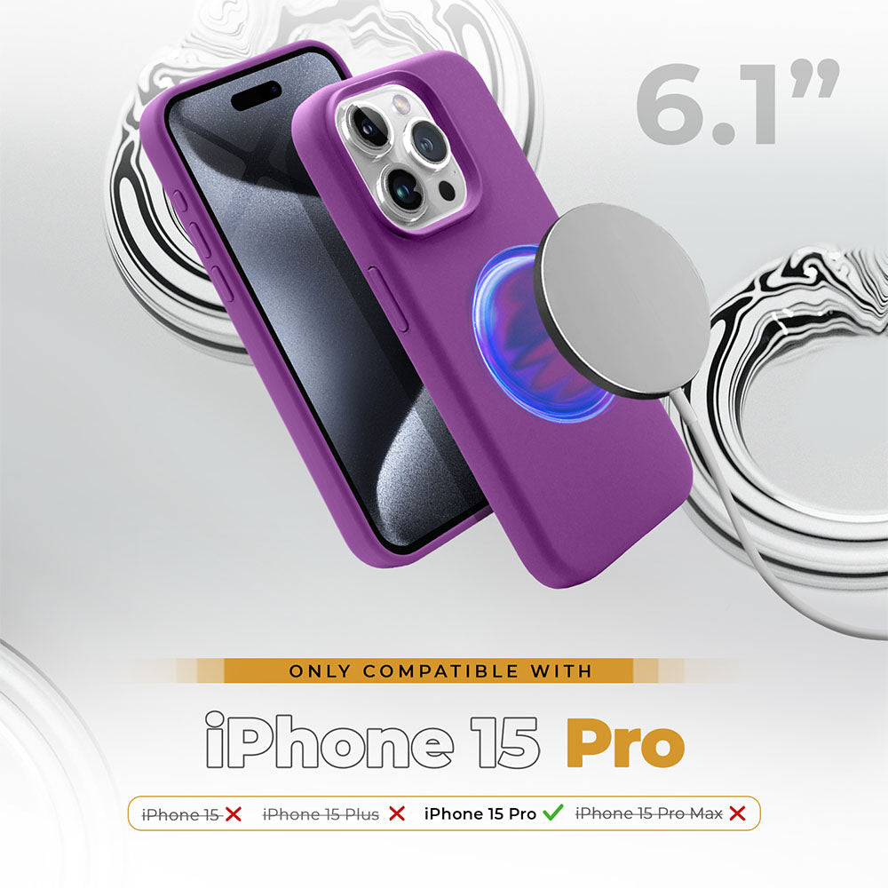 Silicone Case for iPhone 15 Pro, Slim Fit, Wireless Charging Compatible, 6.1 Inch, Purple.