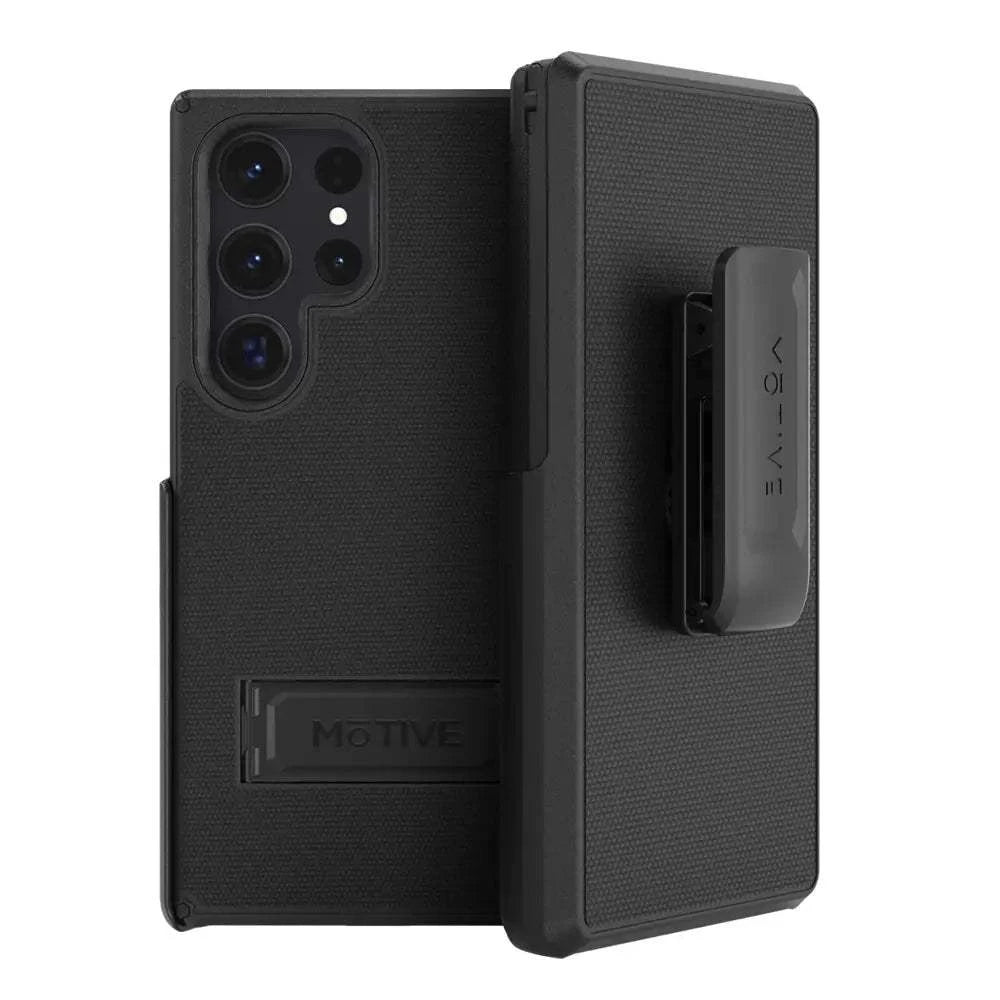 Galaxy S24 Ultra case with belt clip, rugged protection, black design.