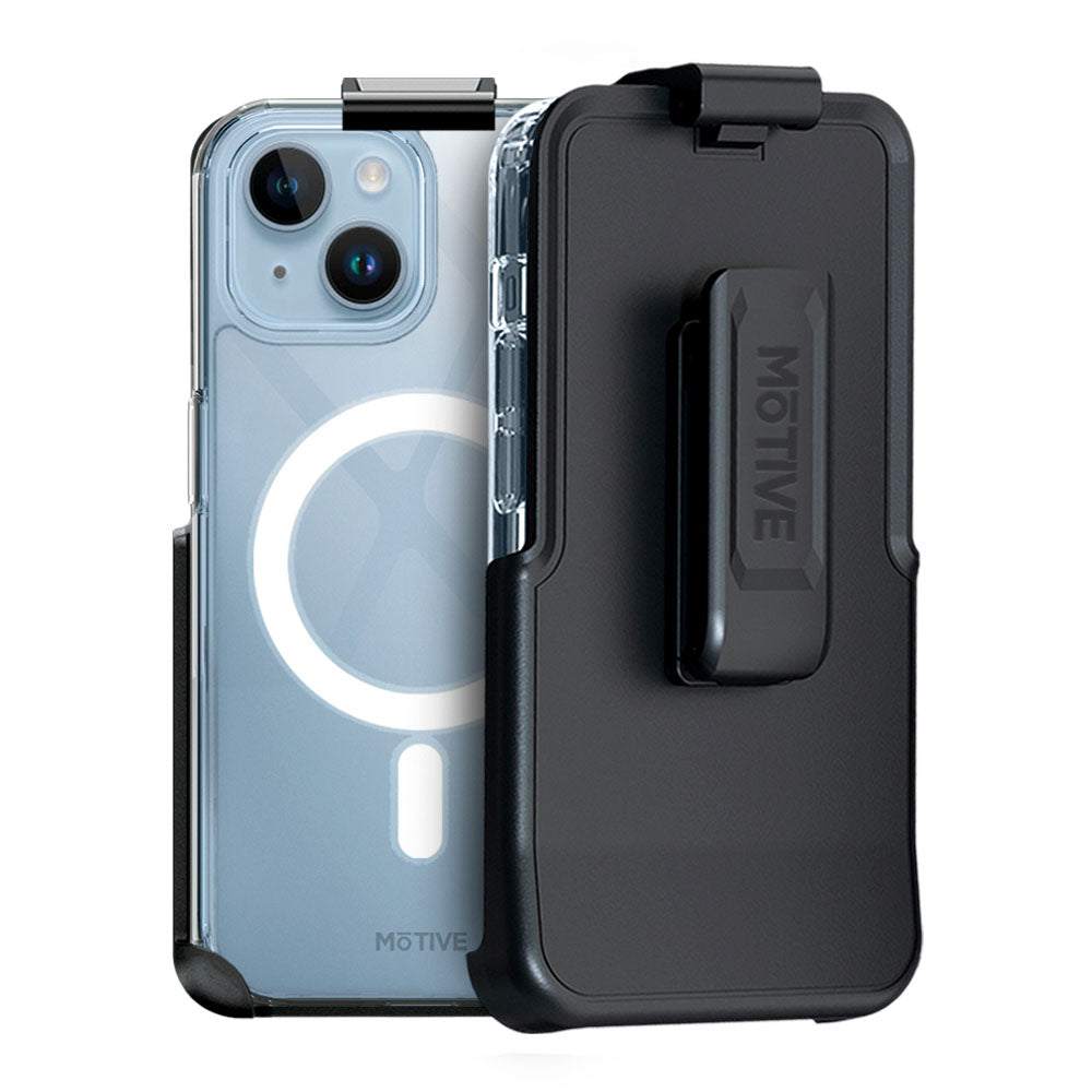 Clear iPhone 15 case with magnetic holster and kickstand.
