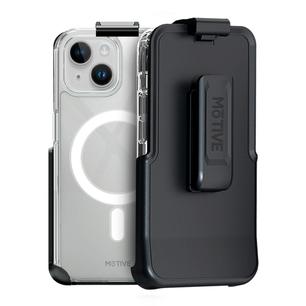 iPhone 15 Plus clear phone case with belt clip and kickstand, shockproof and non-yellowing design.
