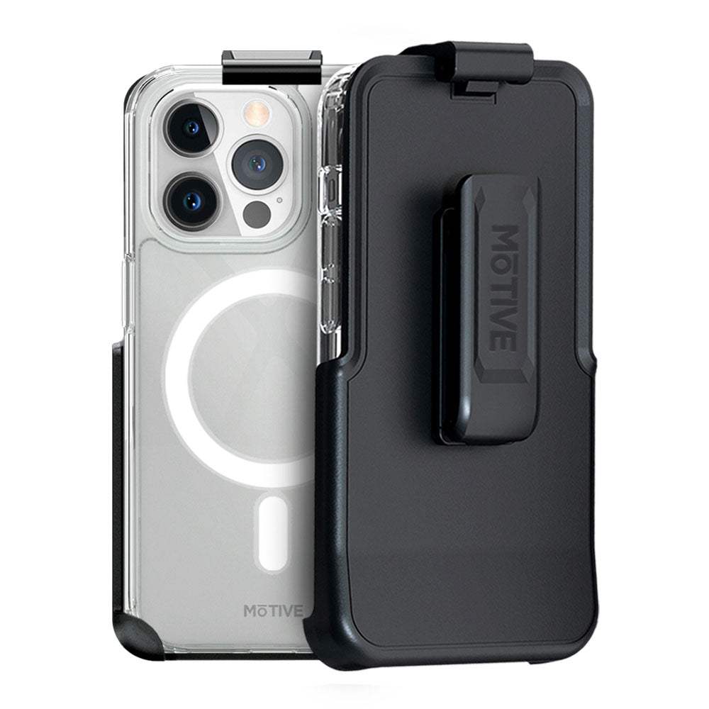 Clear iPhone 15 Pro Max case with holster, kickstand, military-grade protection.