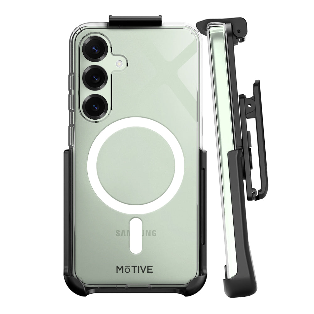 Crystal clear MOTIVE S25 Plus phone case with anti-yellowing and 15ft drop-proof protection.