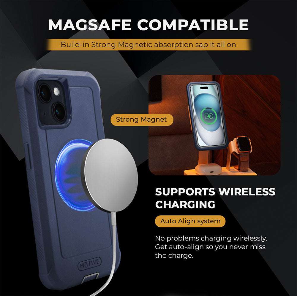 iPhone 15 heavy duty case with belt clip and wireless charging compatibility.