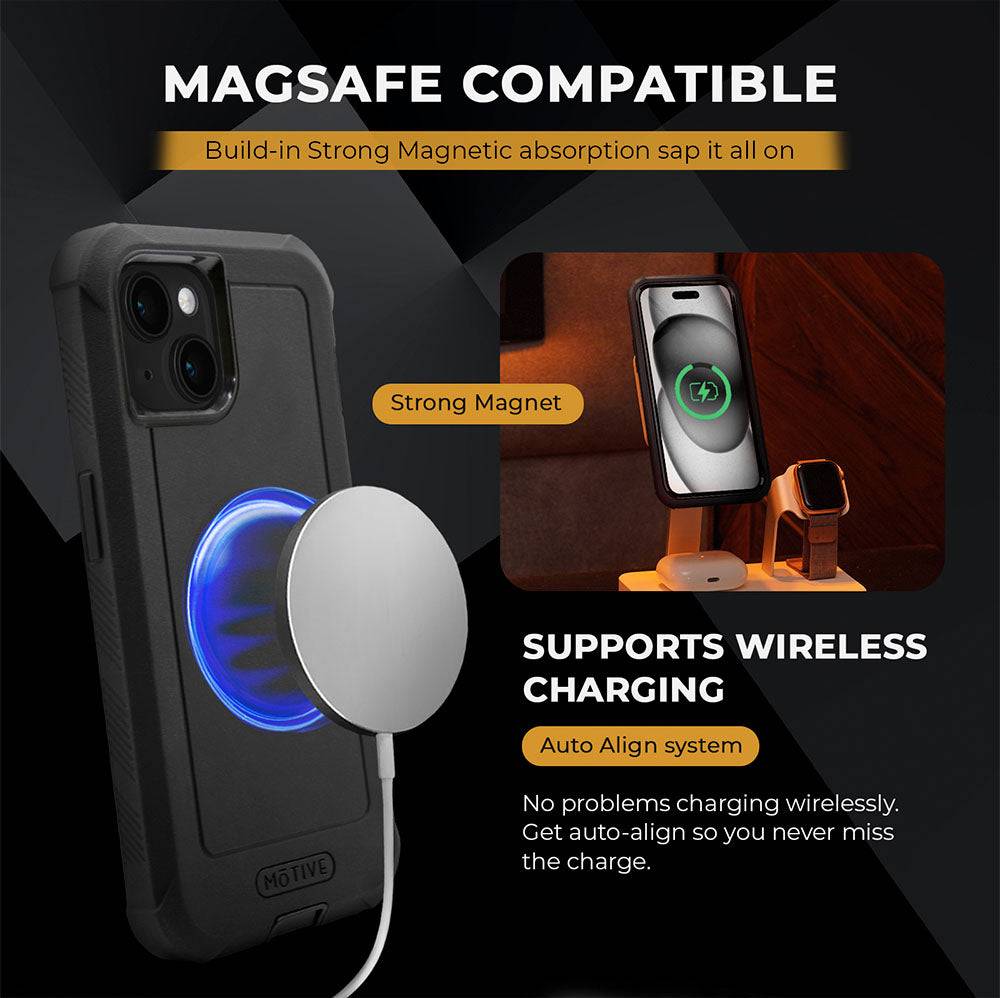 MagSafe compatible iPhone 15 Plus heavy duty case with belt clip holster and wireless charging support.