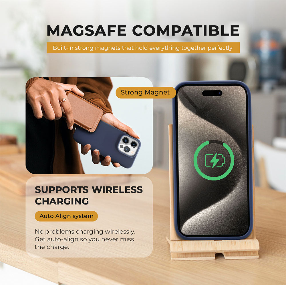 MagSafe compatible slim case for iPhone 15 Pro Max with liquid silicone finish, supports wireless charging.