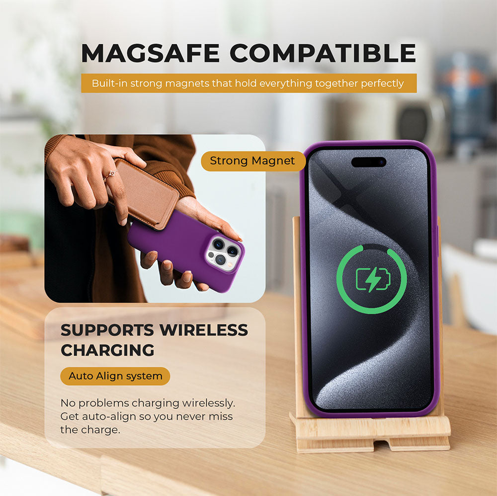 MagSafe compatible silicone case for iPhone 15 Pro with wireless charging support, featuring strong magnets and auto-align system.